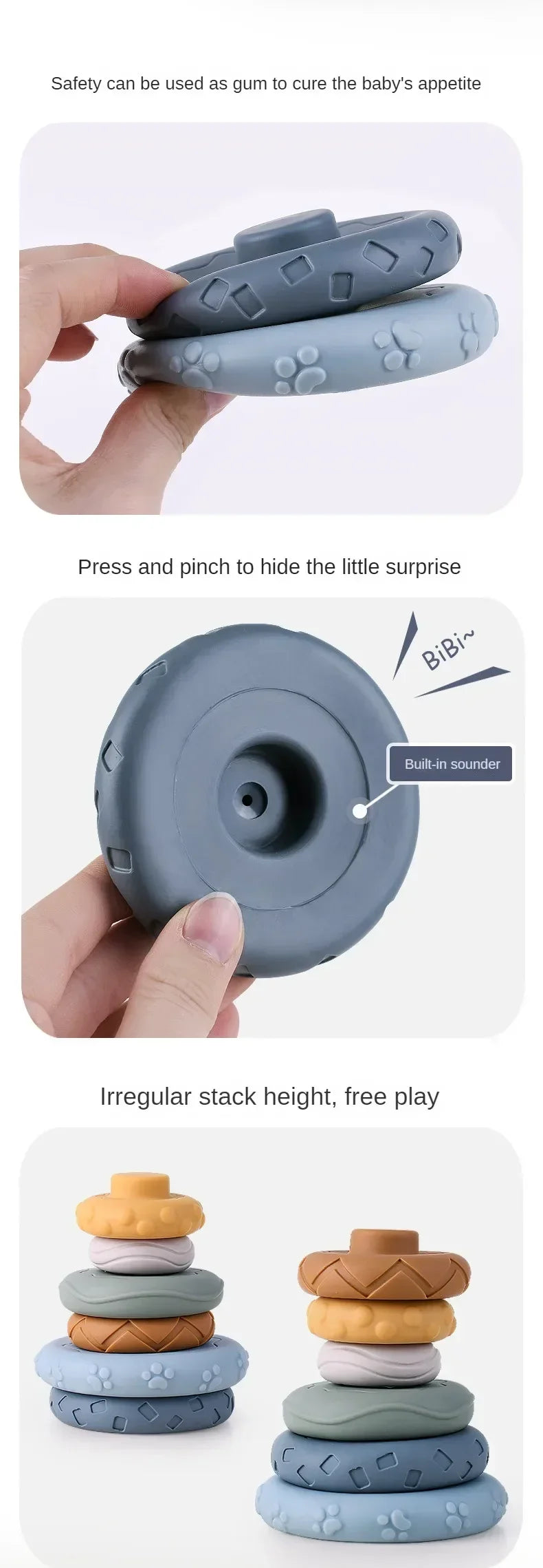 A hand holds a gray silicone building block, demonstrating its use for curing a baby's appetite.