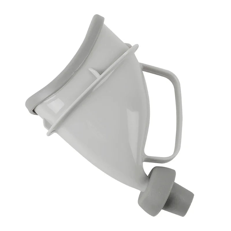 A portable reusable urinal funnel in a light gray color.
