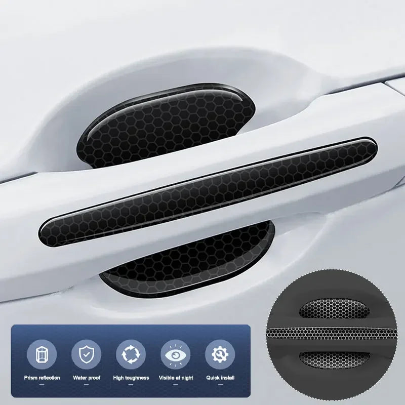 Close-up view of carbon fiber car door handle protectors with night reflection and Qlok install features
