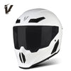 A white full-face motorcycle helmet with a black visor and ventilation slots.