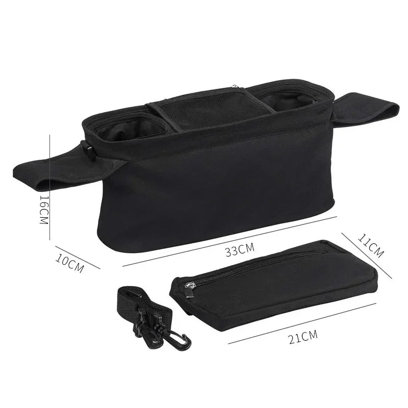 Black stroller organizer hanging bag with insulated bottle holders shown with dimensions.