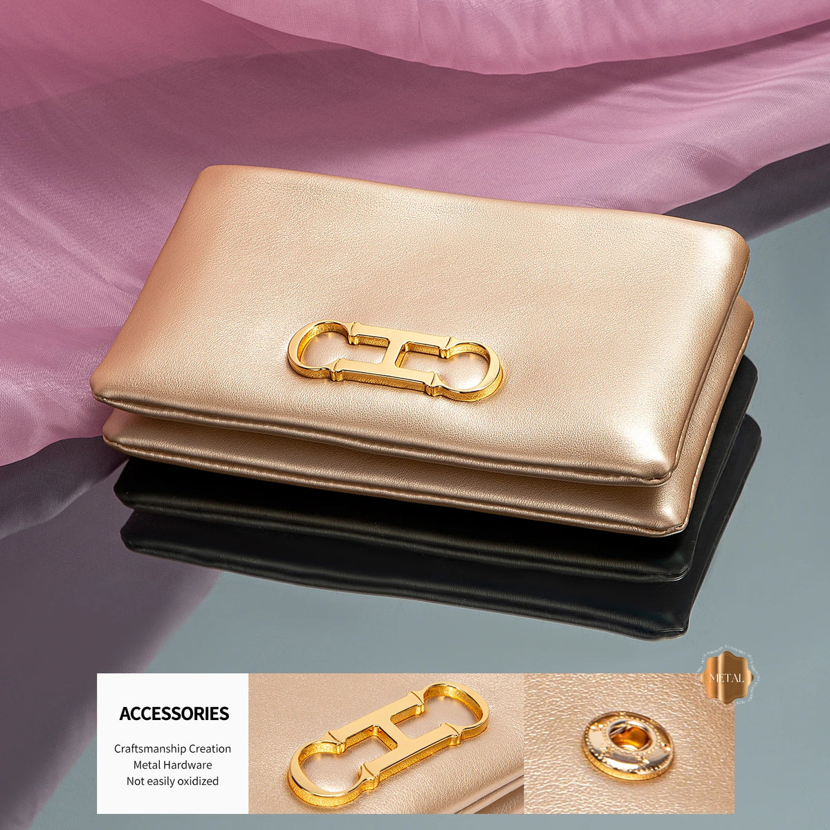 A gold-toned leather compact zipper wallet or clutch resting on a dark surface.