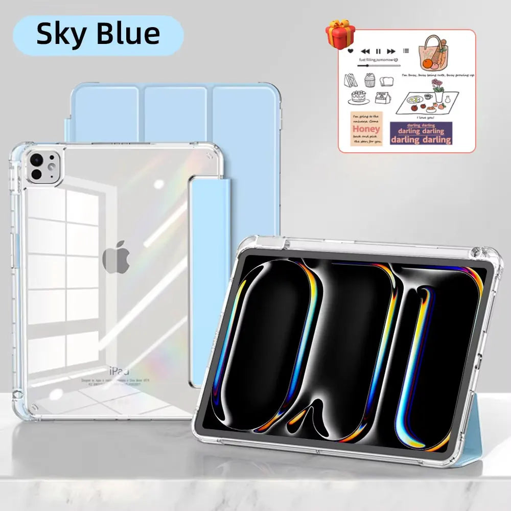 A clear acrylic slim trifold iPad case with a blue accent, showing the front and a display screen.