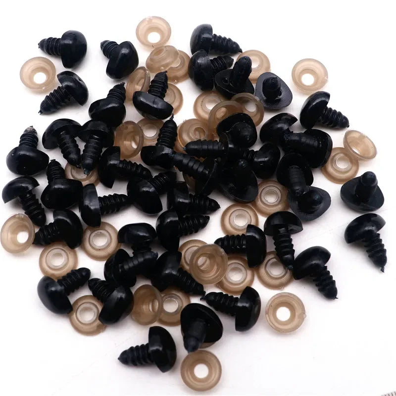 A collection of black safety noses with clear washers for stuffed animals and DIY crafts