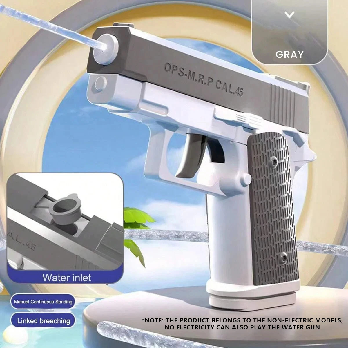 A gray replica of an OPS-M.R.P CAL.45 water gun is shown firing a stream, with an inset showing the water inlet.