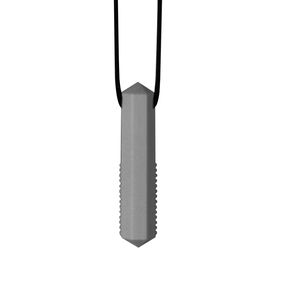 A silver silicone sensory chew pendant on a black cord, designed as a necklace for kids.
