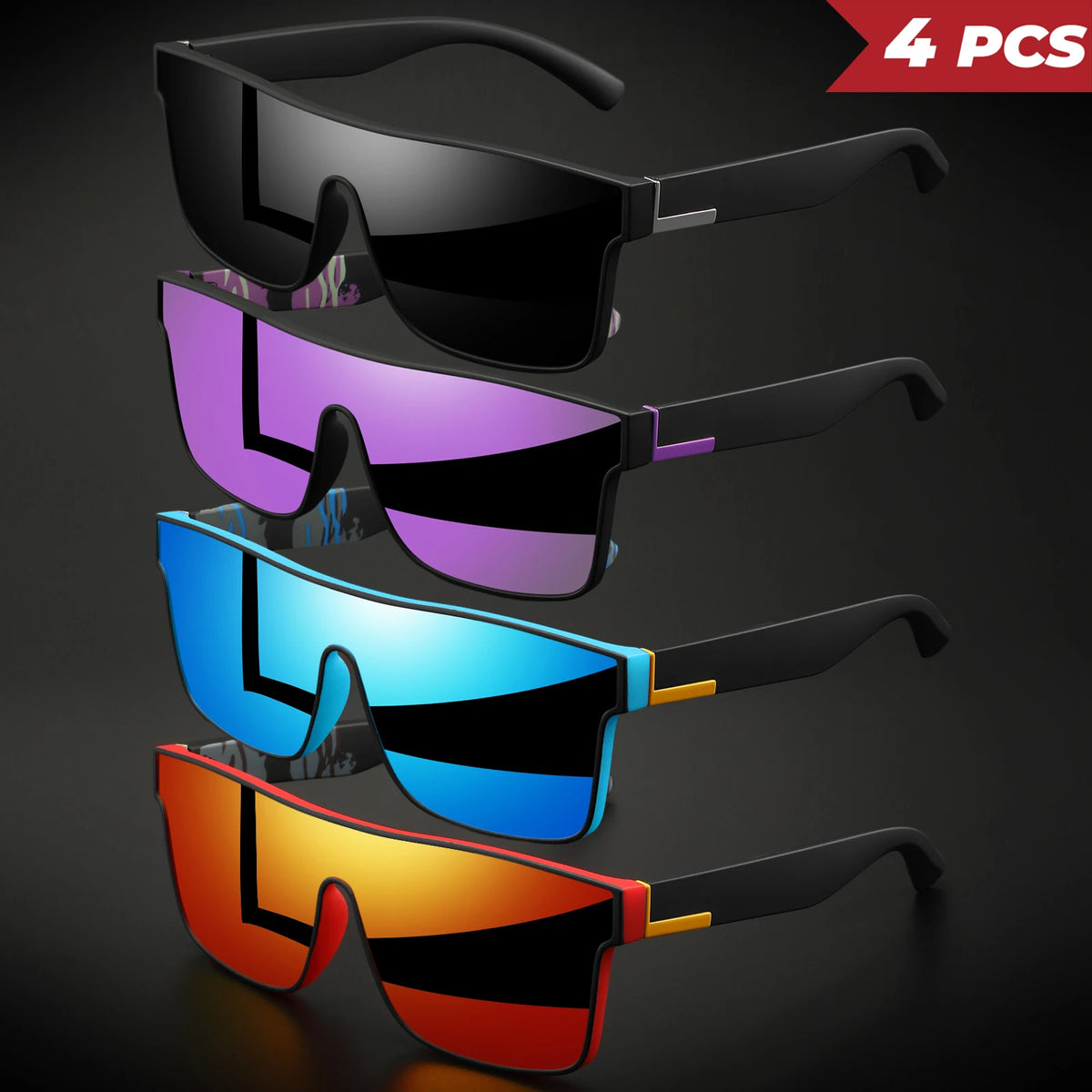 Four pairs of classic square sports sunglasses in black, purple, blue, and orange colors displayed on a dark background.