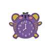 A purple silicone teether toy shaped like a cat with yellow ears and a green nose.