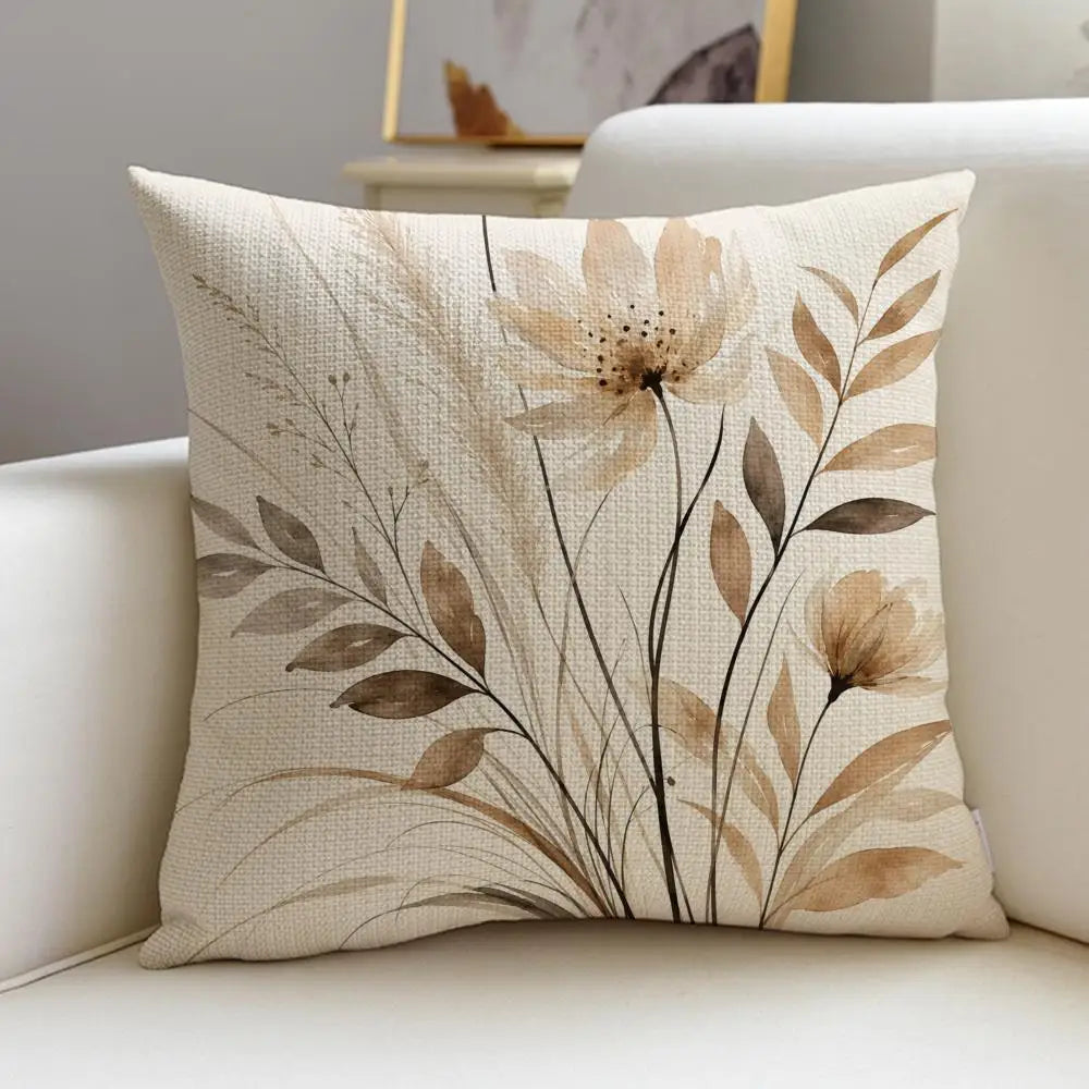 Beige Minimal Blooms Linen Throw Pillow Covers