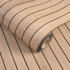 Roll of beige wood grain peel-and-stick wallpaper with black horizontal stripes