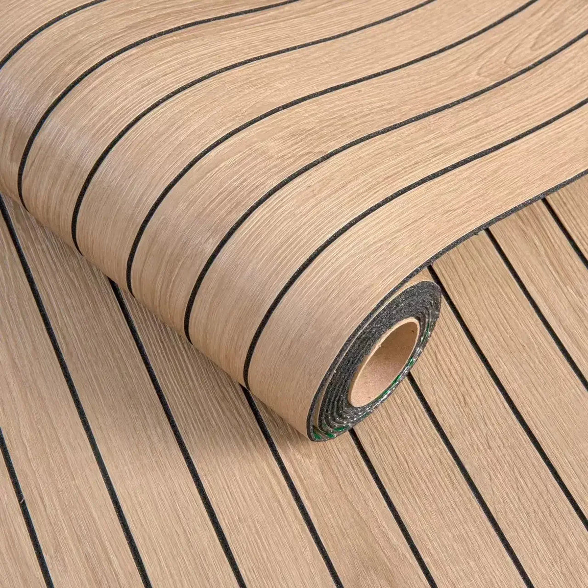 Roll of beige wood grain peel-and-stick wallpaper with black horizontal stripes