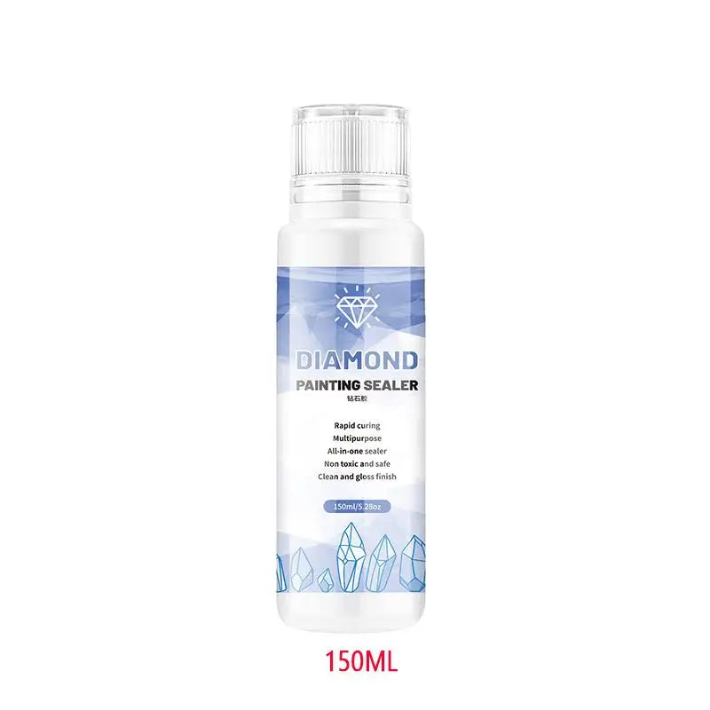 A bottle of Diamond Painting Sealer with a clear liquid and a white cap.