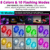 A grid showing 10 colors and various flashing modes of a remote control RGB LED strobe light.