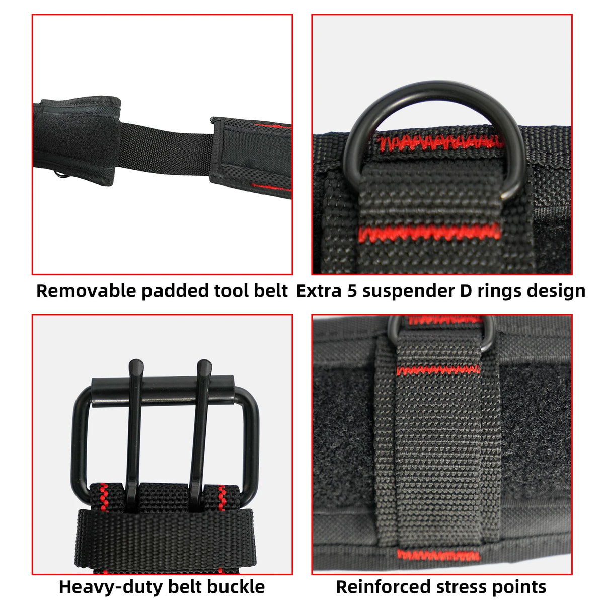 A padded tool belt featuring removable sections, D-rings, and a heavy-duty metal buckle with reinforced stress points.