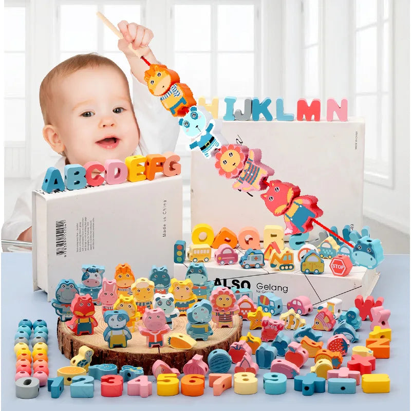 Wooden Lacing Beads Set for Kids with Animal, Fruit, Letter & Number Shapes