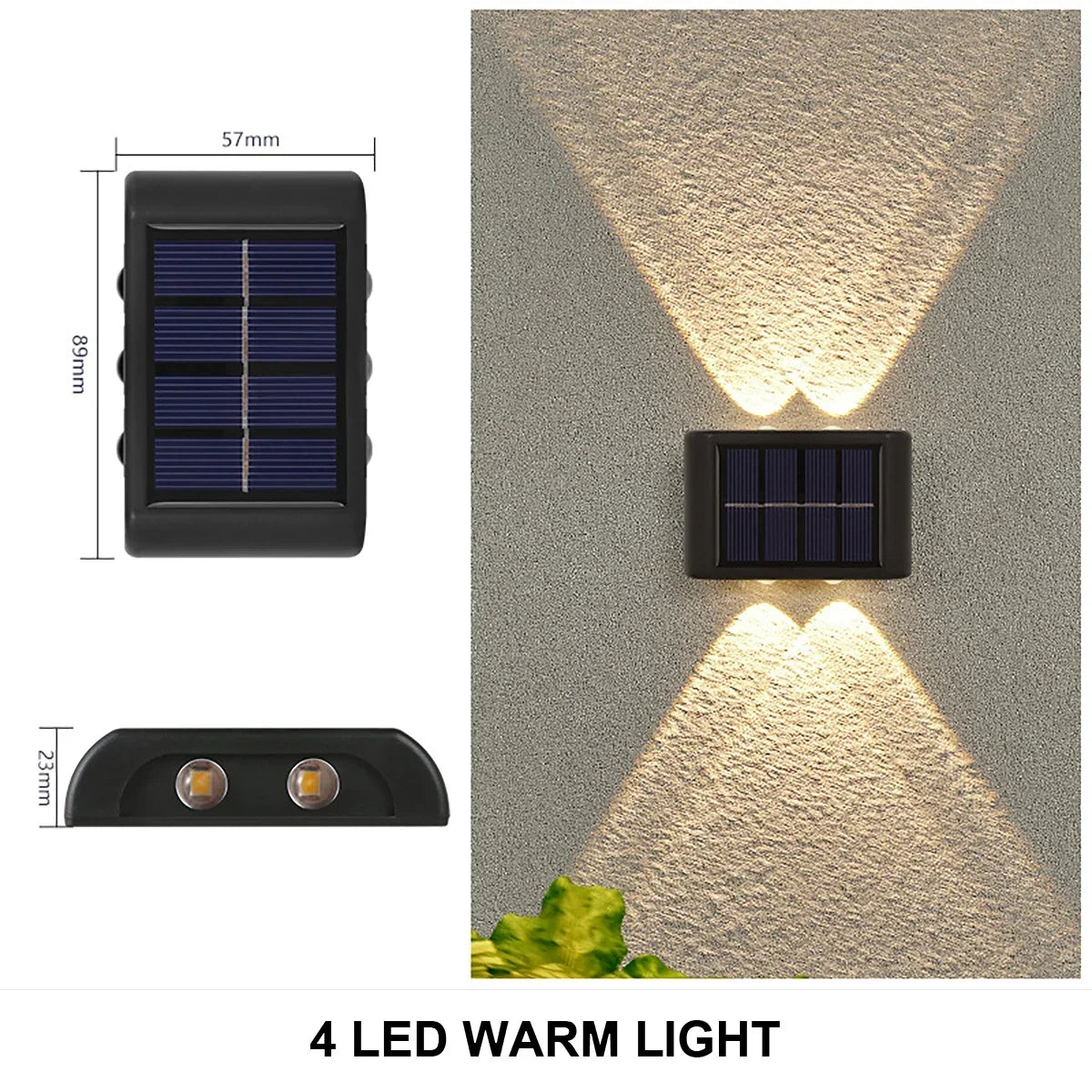 A solar powered wall light featuring four LED warm lights providing upward and downward illumination on a textured wall.