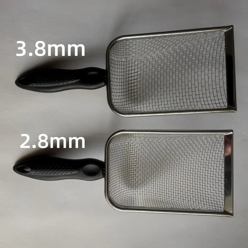 Stainless steel cat litter scoop with fine mesh sifter in 3.8mm and 2.8mm sizes