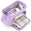 A purple double-deck canvas pencil case filled with various writing tools and stationery.