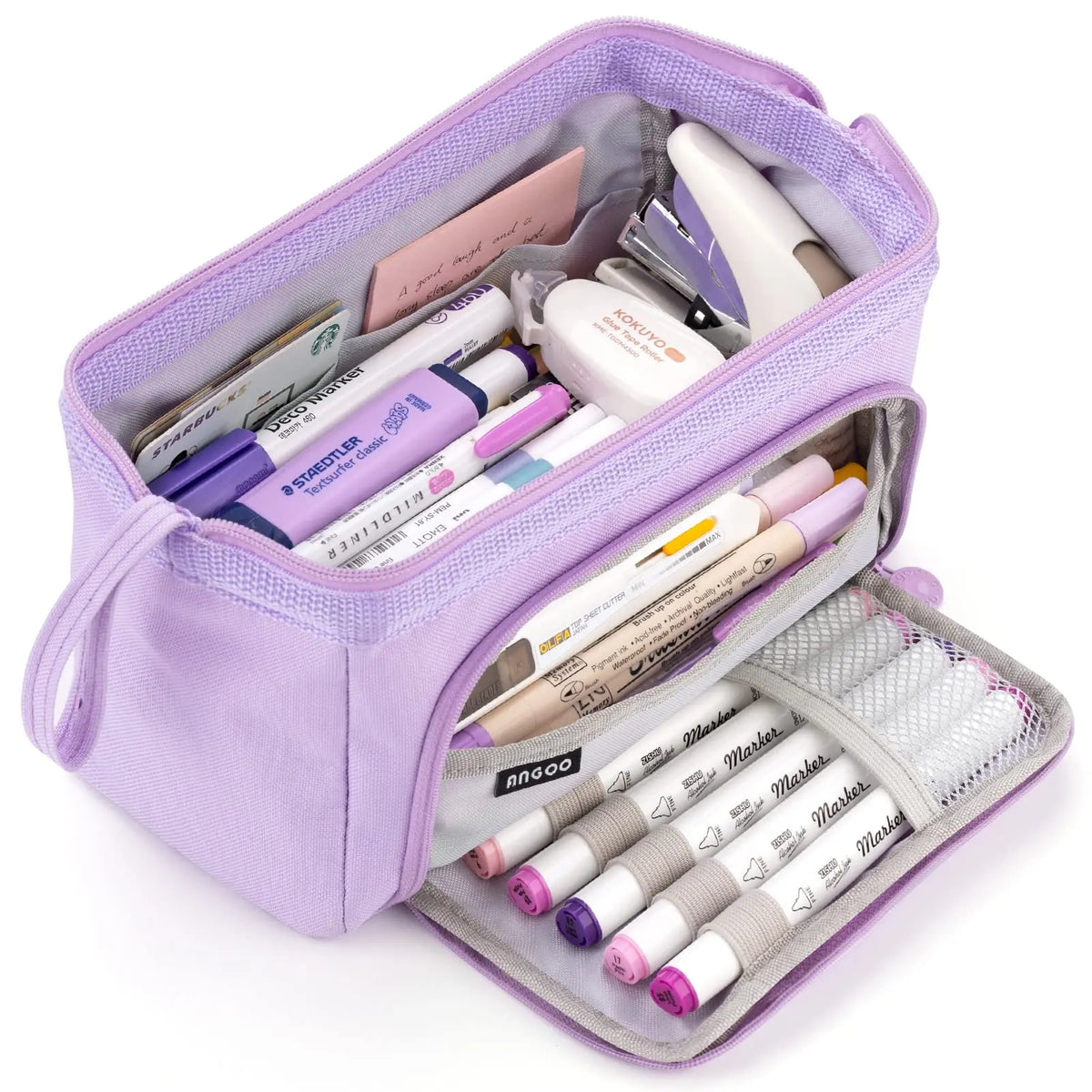 A purple double-deck canvas pencil case filled with various writing tools and stationery.