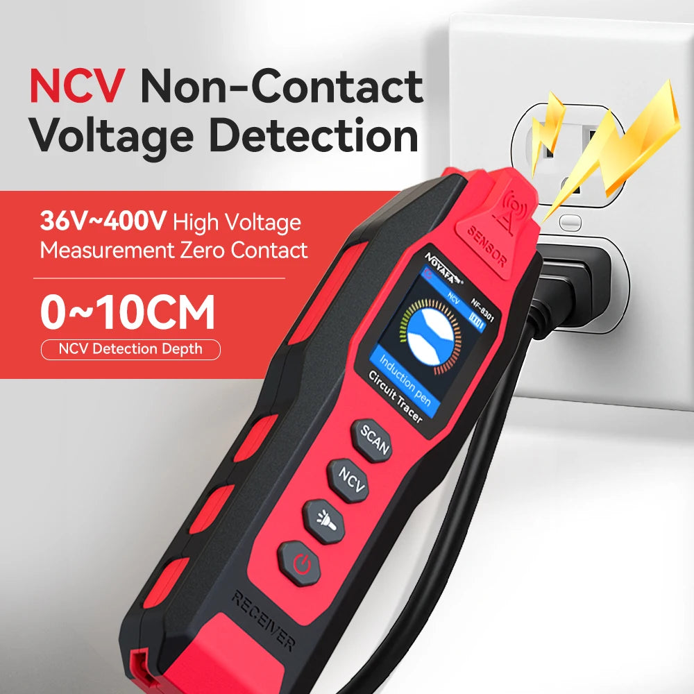 A red and black NCV Non-Contact Voltage Detection device is shown next to a white power adapter.