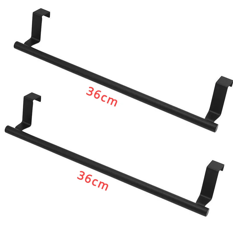 Black punch-free over-cabinet towel rack with two 36cm bars and mounting brackets