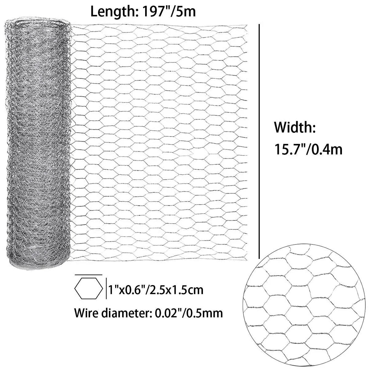 Roll of galvanized hexagonal wire mesh with dimensions 197 inches long and 15.7 inches wide