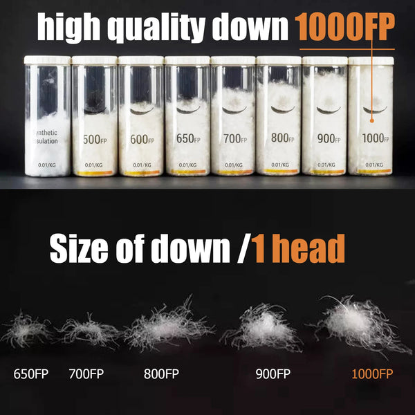 A display of high quality down products showing various weights from 500FP to 1000FP per head.