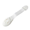 White adhesive baby proofing latch for drawers and cupboards, used as a child safety cabinet lock.