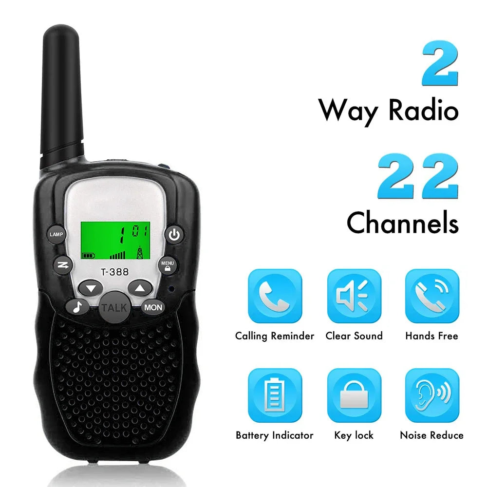 Black walkie talkie radio with a flashlight and various functions like calling reminder and noise reduce