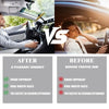 Split image showing a person driving and another person looking tired, comparing a before and after experience for car interi
