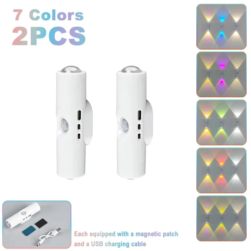 Two white rechargeable motion sensor LED night lights with RGB mood lighting and a USB charging cable