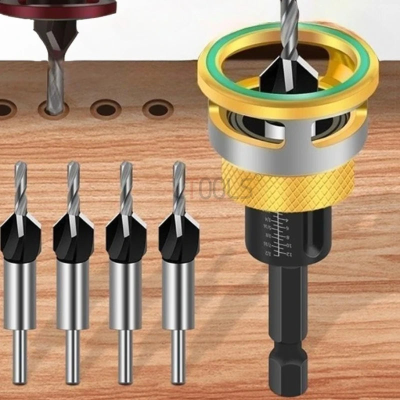 A set of adjustable depth countersink drill bits for wood screws, showing various sizes and a larger bit with a green collar.