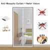 A close-up of an anti-mosquito curtain system featuring nails and velcro, shown alongside insects and a dog.