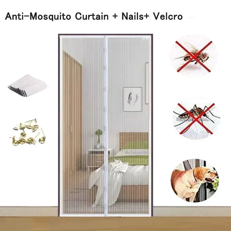 A close-up of an anti-mosquito curtain system featuring nails and velcro, shown alongside insects and a dog.