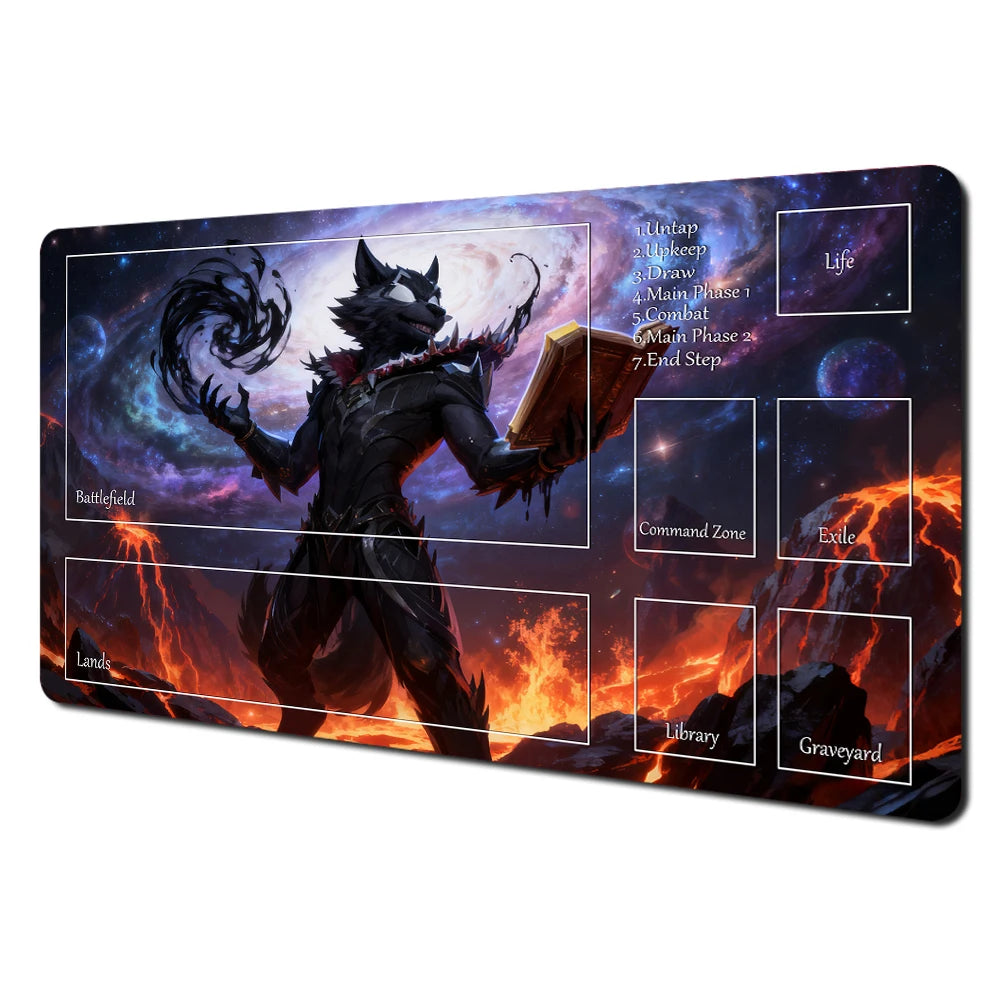 Fantasy card playmat featuring a dark, fierce creature design with various labeled zones.