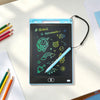 A portable LCD drawing tablet with a blue frame and a light blue stylus rests on a white table, displaying an astronaut theme