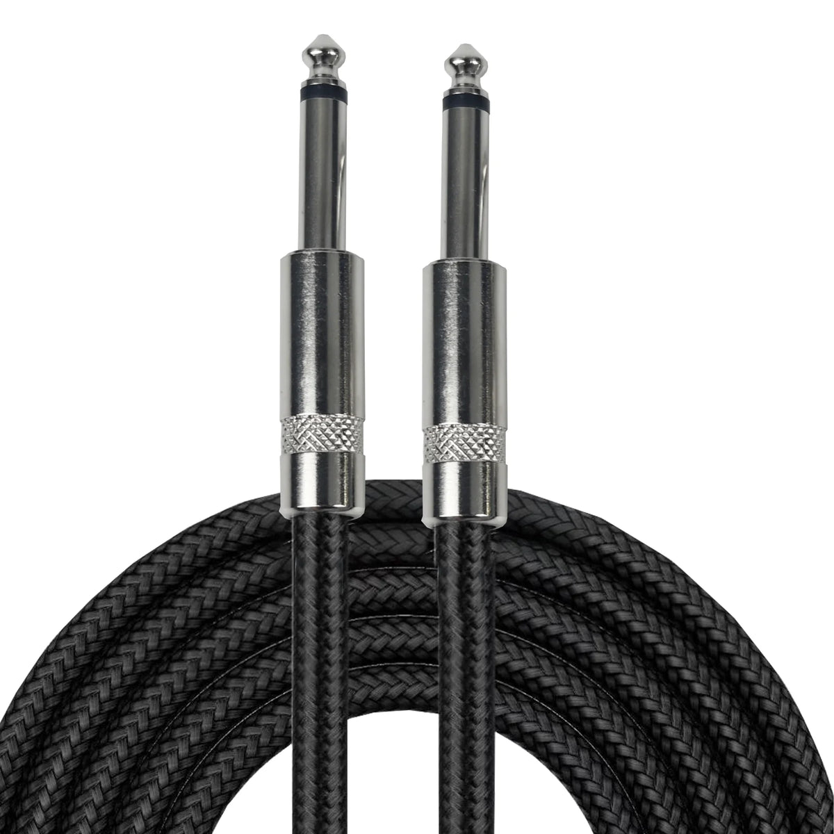 A pair of braided 6.35mm guitar cables with right-angle connectors are shown against a black background.
