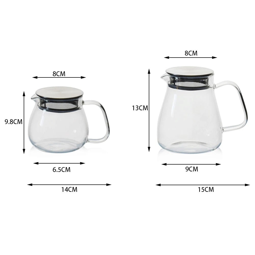 Clear glass teapot with a stainless steel filter and handle, shown with dimensions.