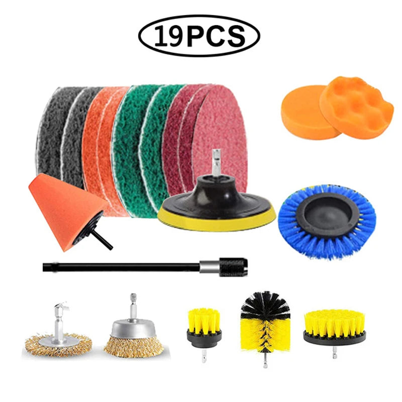A set of 19 drill brush cleaning tools including various brushes and extensions for home and auto detailing.