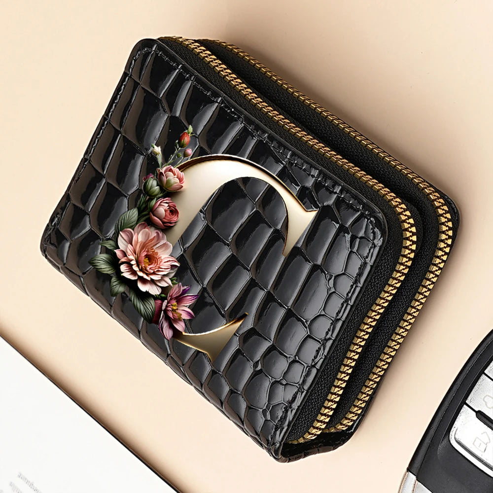 Alphabet Flower Double-Zip Card Wallet with Secure Clasp
