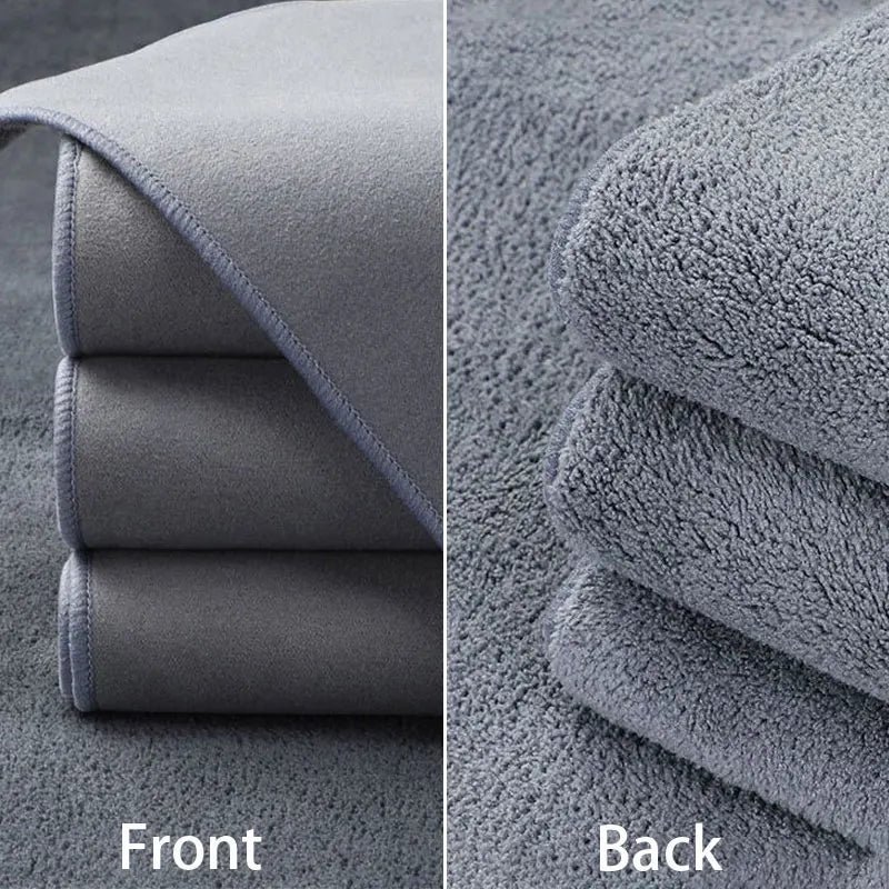 Front and back views of an ultra-soft coral fleece car drying towel in gray