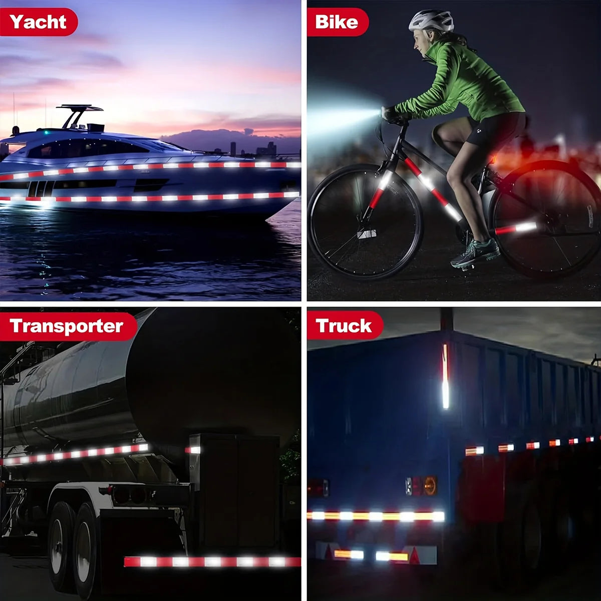 Four images showing various vehicles and boats equipped with DOT-certified reflective safety tape for visibility.