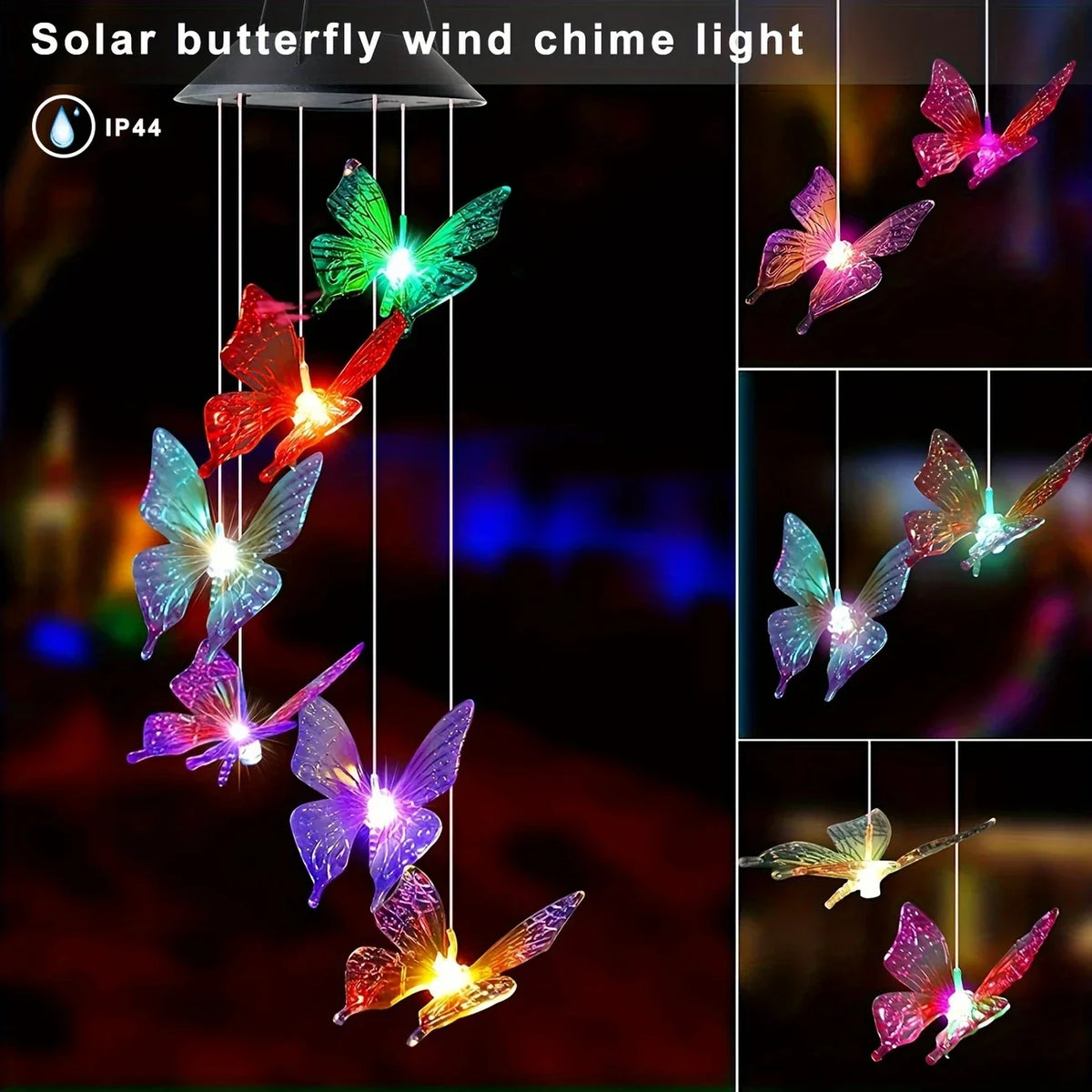 Solar-Schmetterlings-Windfang-Licht mit bunten, leuchtenden Schmetterlingen, die an dünnen Drähten hängen.