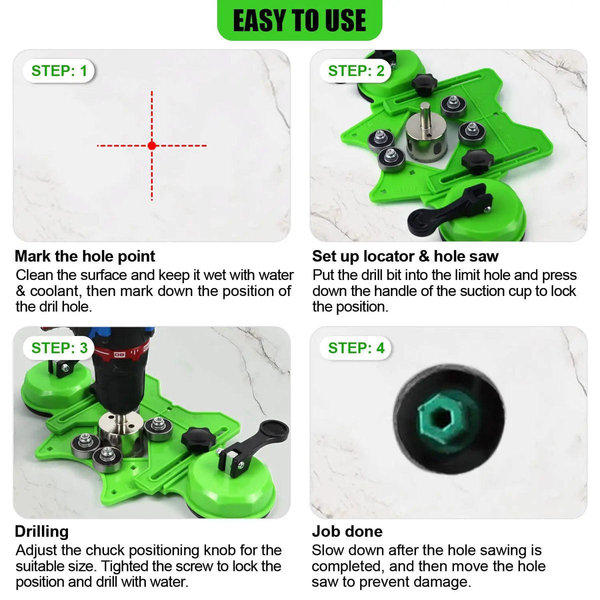 A four-step guide showing how to use a precision diamond hole saw kit with a suction cup guide for drilling holes.