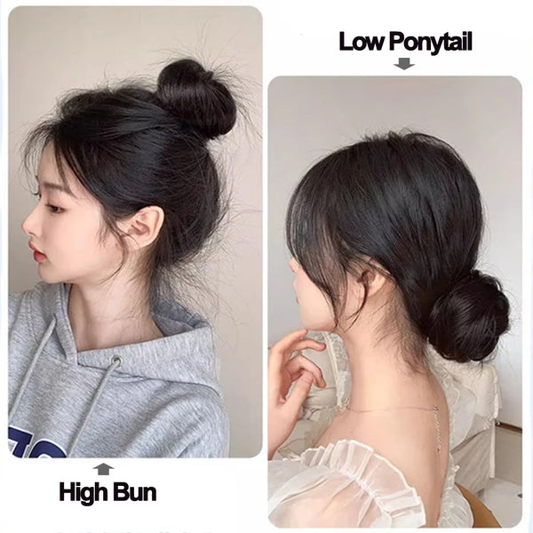 A comparison showing a low ponytail and a high bun hairstyle on dark hair.