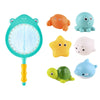 A set of floating bath toys featuring an orange fish, a blue turtle, a yellow star, and a green turtle with a catch net.