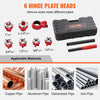 A set of six interchangeable hinge plate heads for pipe threading, including dies for copper, aluminum, galvanized, and iron 