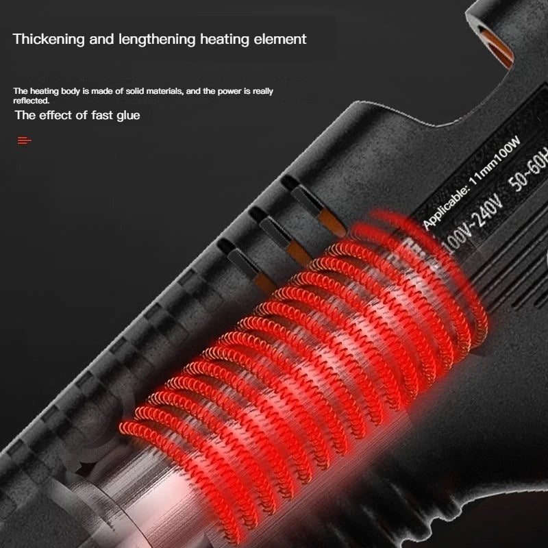 Close-up view of a hot melt glue gun heating element with red glow inside the barrel.