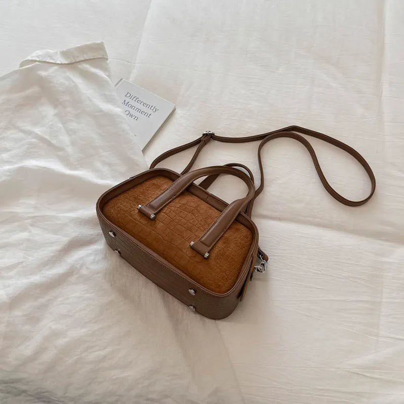 Vintage Croc-Embossed Mini Boston Bag with Dual Straps