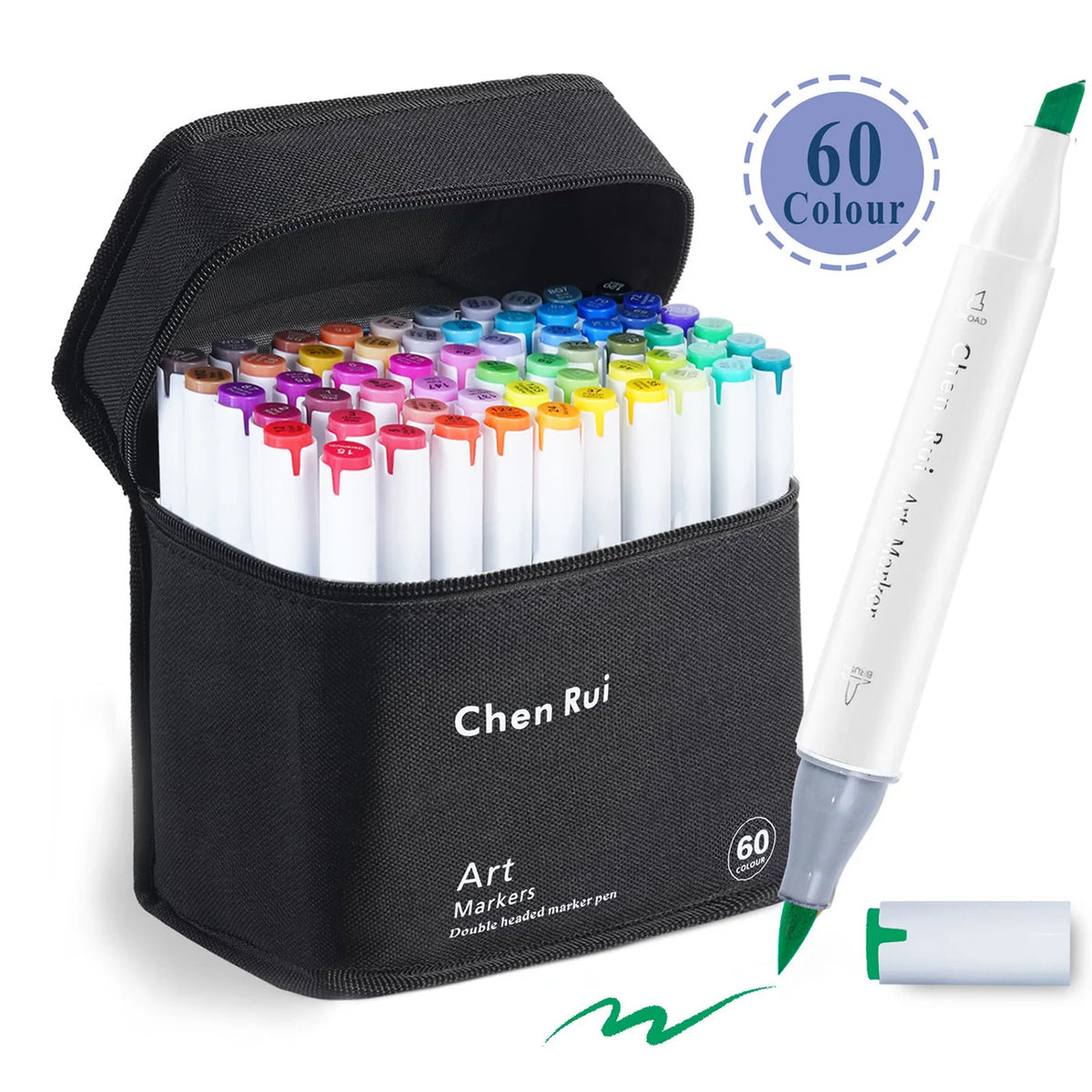A black box containing a set of 60 dual-headed alcohol art markers and a brush pen.
